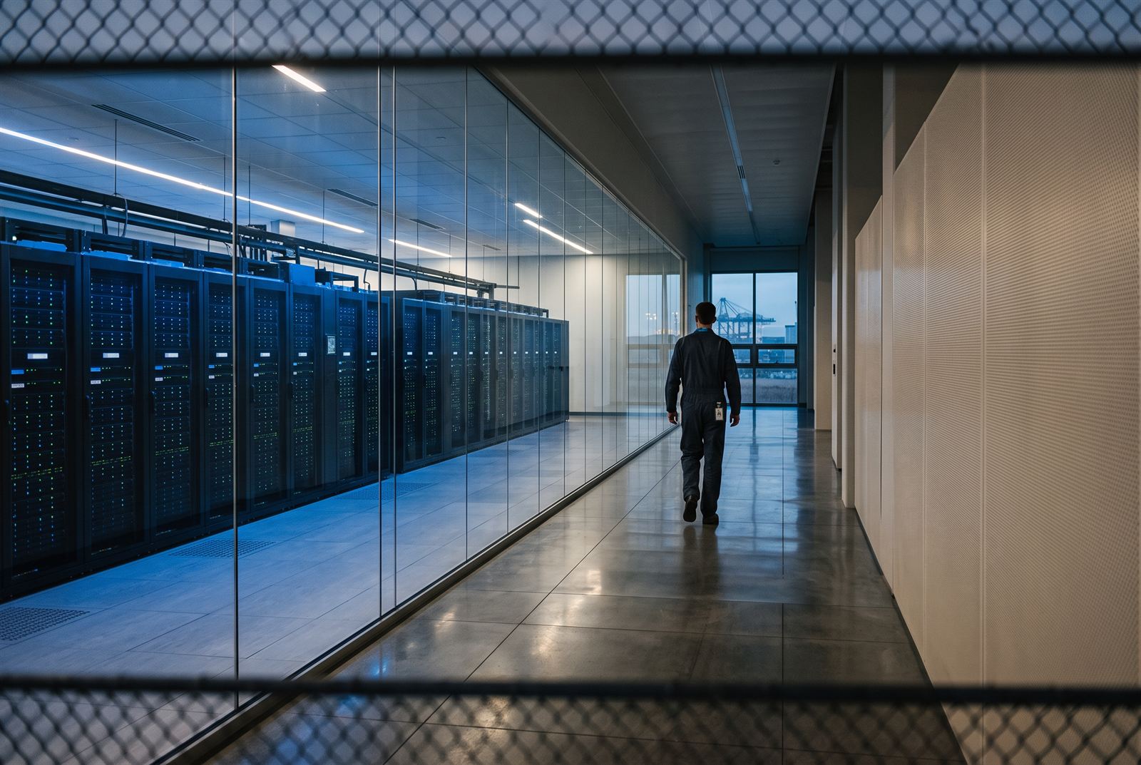 A technician walking the glazed gallery corridor beside the server hall, racks glowing behind full-height glass, seen through security mesh