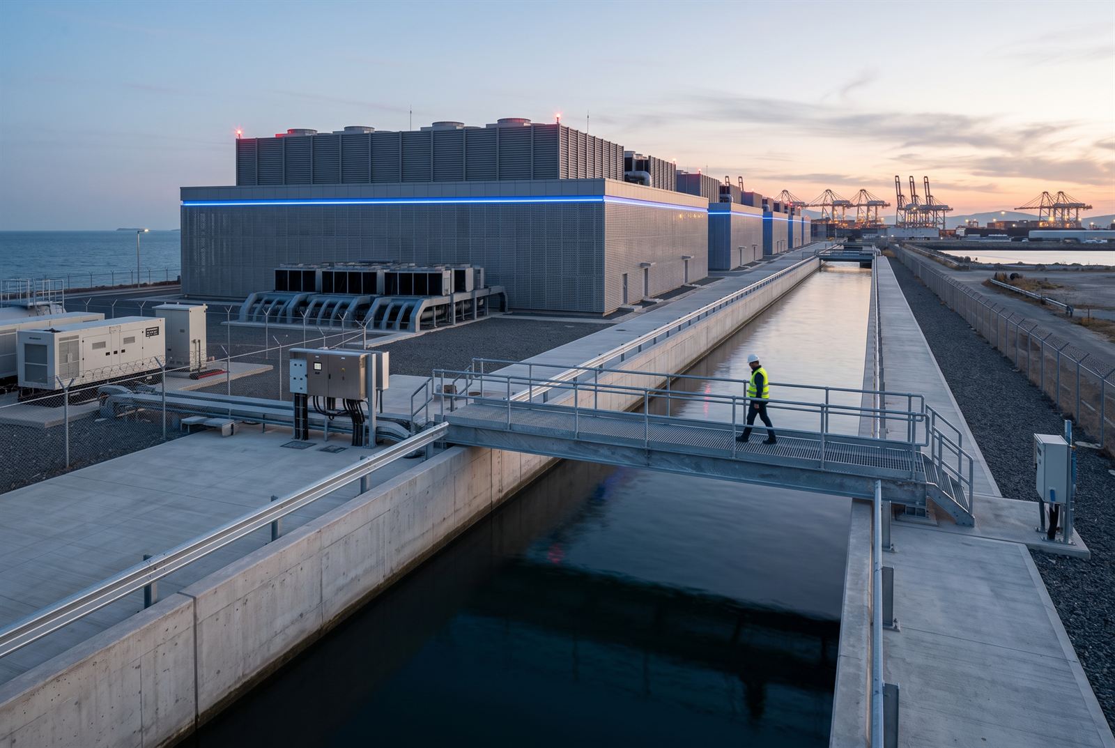 The concrete seawater cooling channel running the length of the campus at dusk, an engineer crossing the galvanised gantry bridge