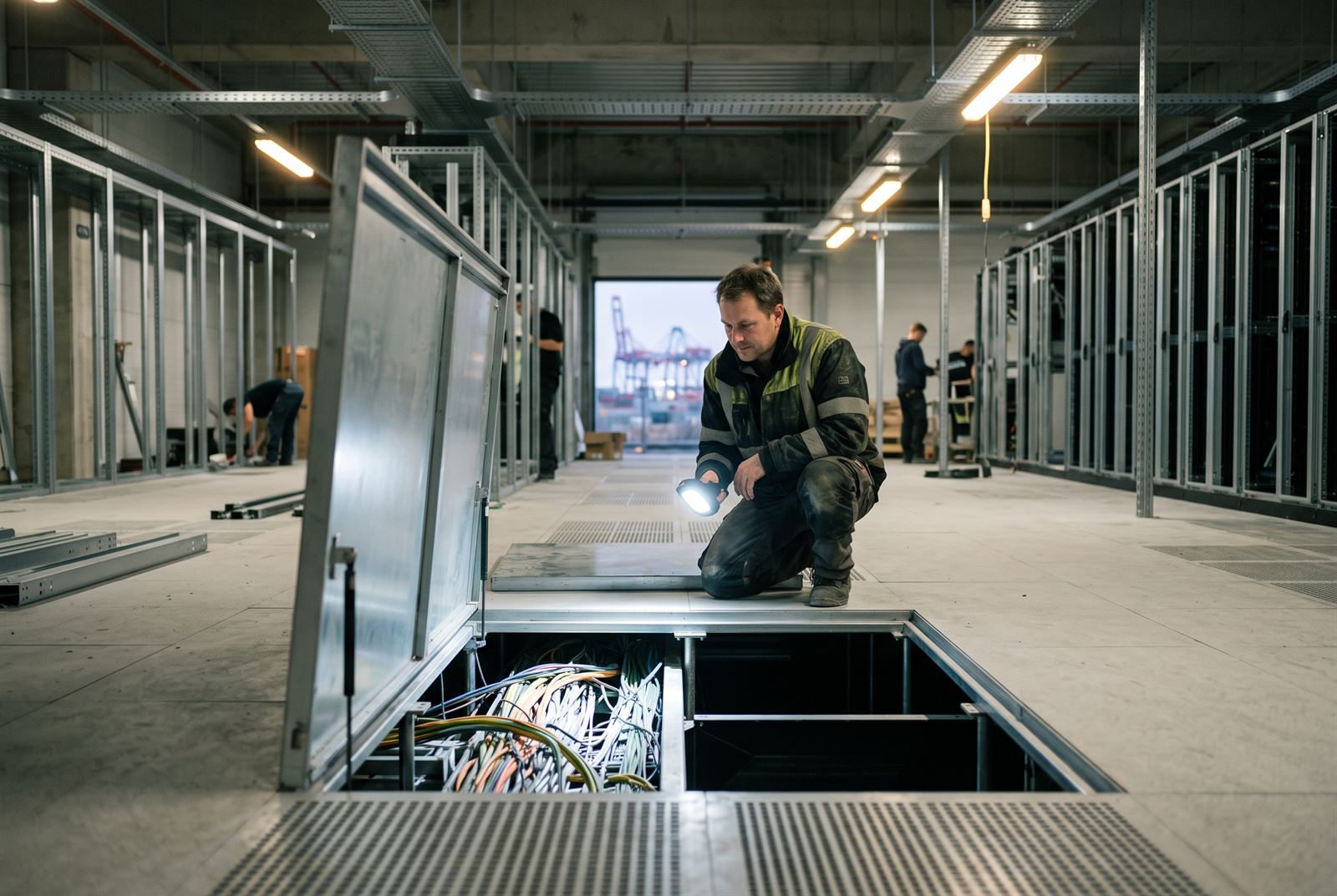 Commissioning engineers fitting out the hall, one kneeling with a work lamp over an open raised-floor bay of looped cabling