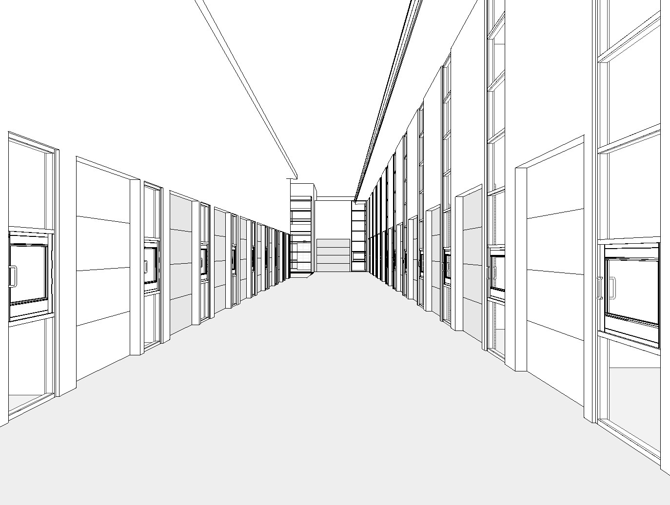 Internal laneway between the proposed unit rows — hidden-line Revit model export