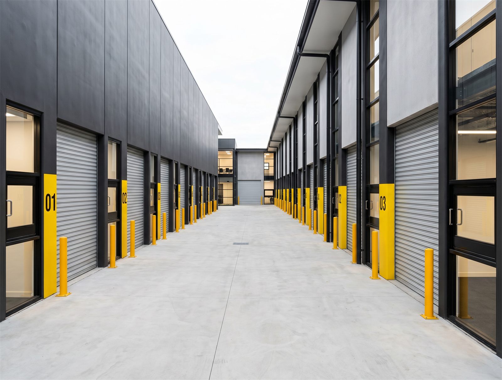 Internal laneway between the proposed unit rows — Pass 02 render with roller doors and painted unit numbers