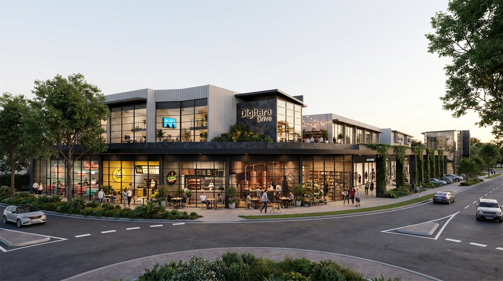 The same proposed sign-band scheme rendered at dusk with warm interior glow