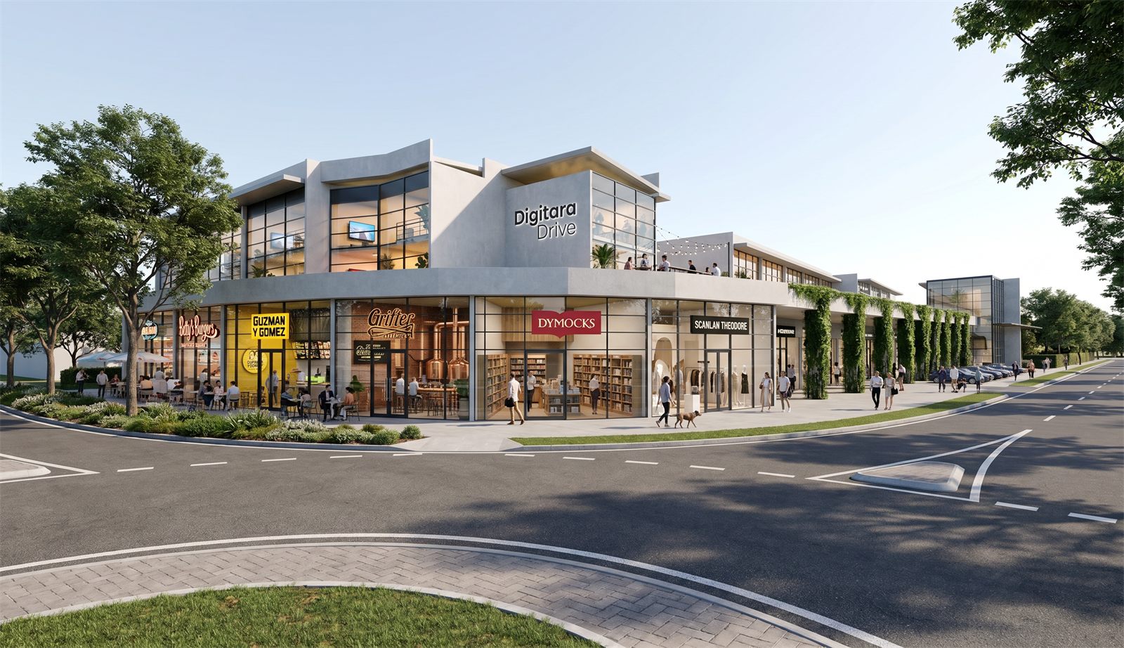Proposed white precast corner scheme under a crisp clear sky