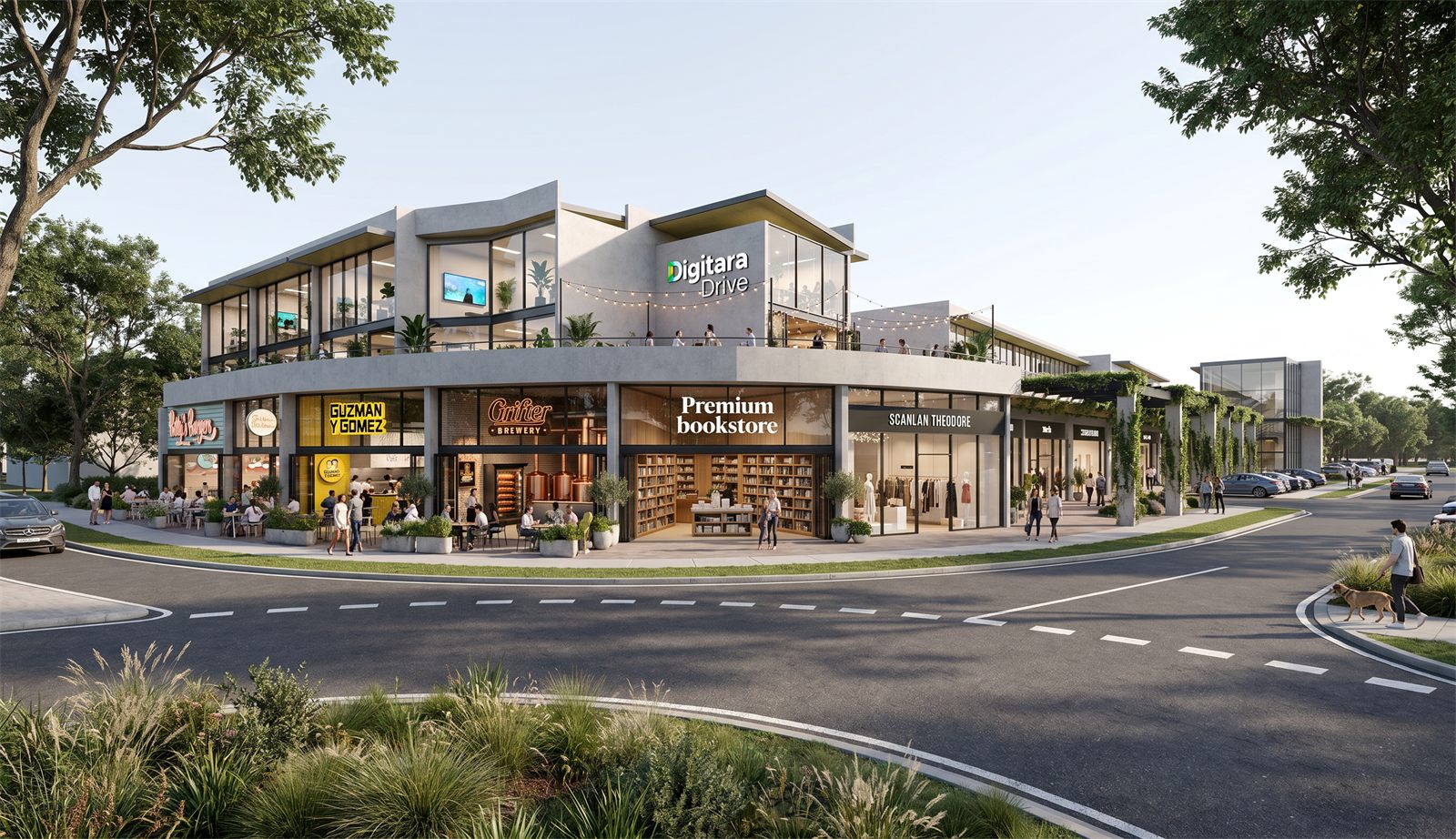 Two Eagles development application — proposed white off-form precast corner building with generic tenancy signage