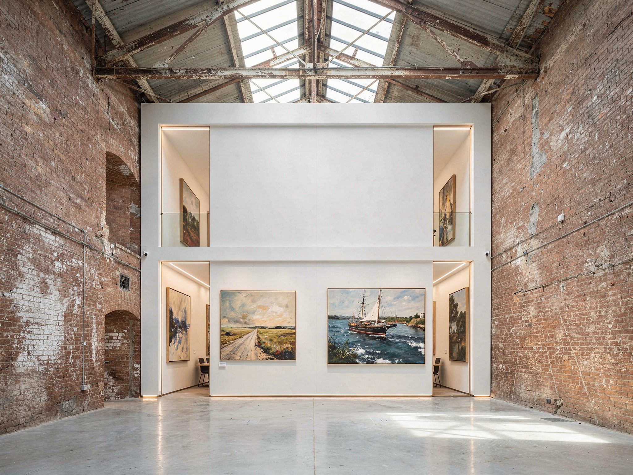 Gallery and studio with a white box inserted into the brick shell, trusses exposed above