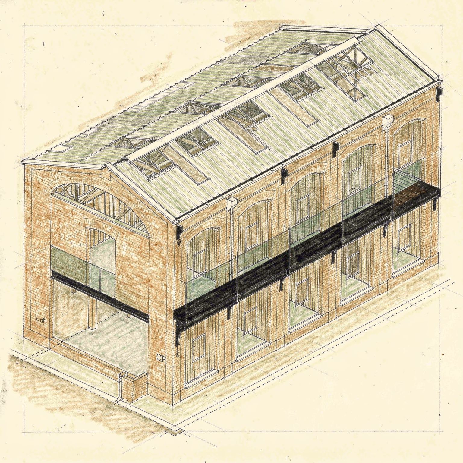 Hand-drawn axonometric cutaway showing the new mezzanine and fin screens inside the brick shell
