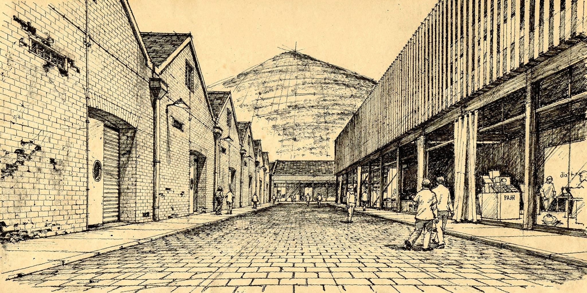 Freehand ink perspective sketch looking down the laneway