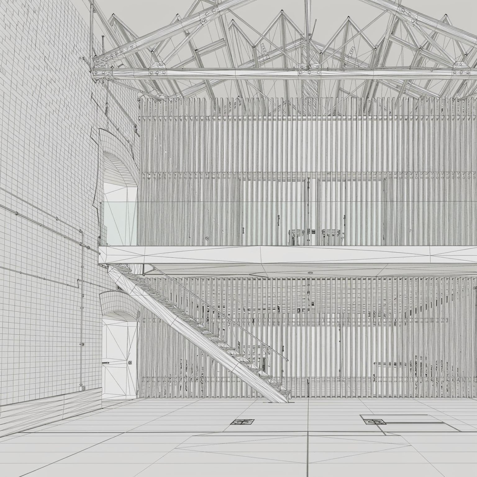 Untextured 3D model wireframe of the steel mezzanine structure